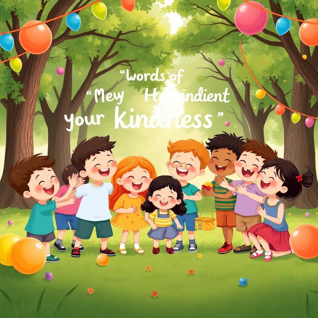 All the children in the park celebrating and laughing together, with words of kindness in the air, colorful decorations around, digital art, festive scene, bright colors, high quality