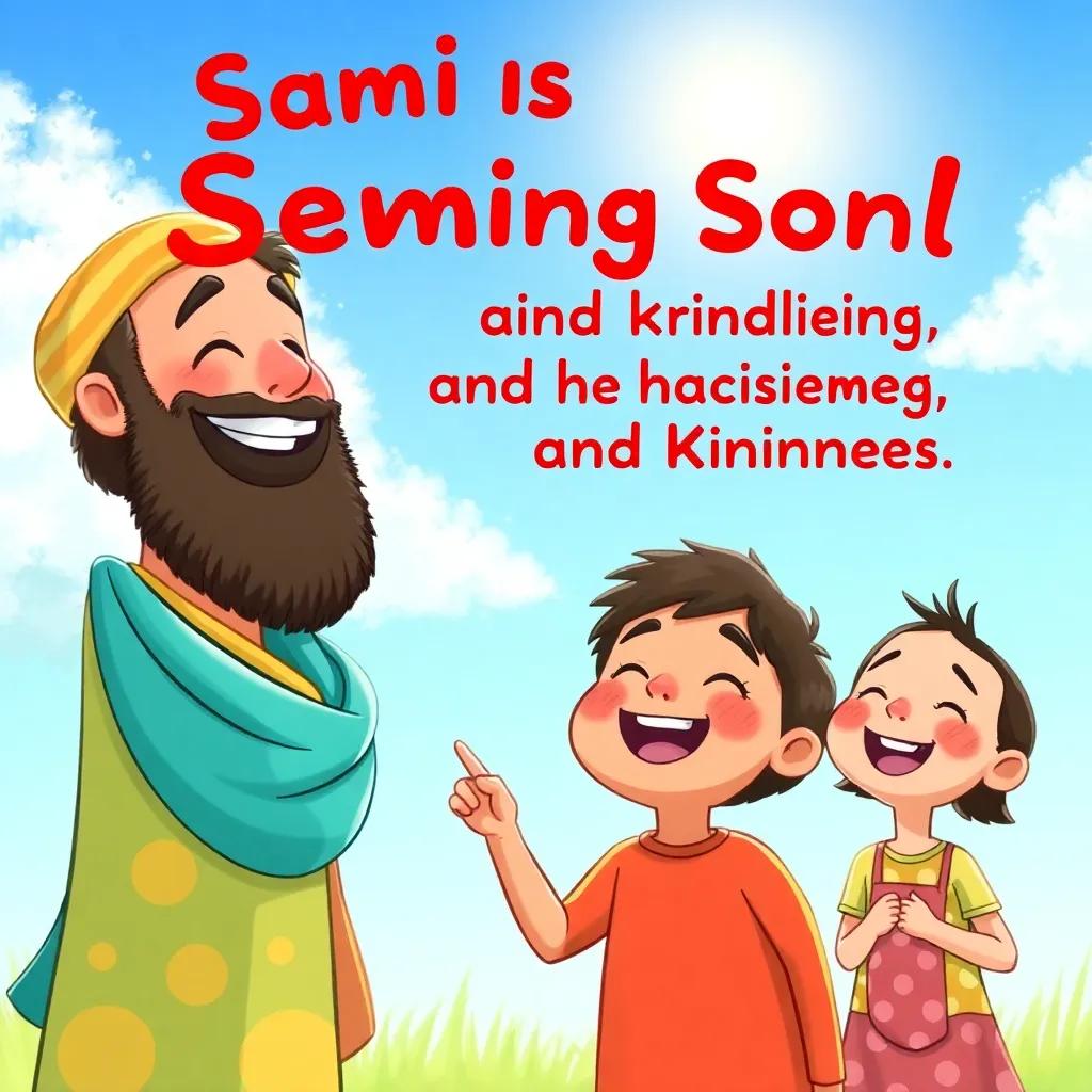 Sami and his friends laughing and enjoying the sunny day, singing a song about friendship and kindness, with a bright blue sky above them, digital art, cheerful and vibrant, high quality