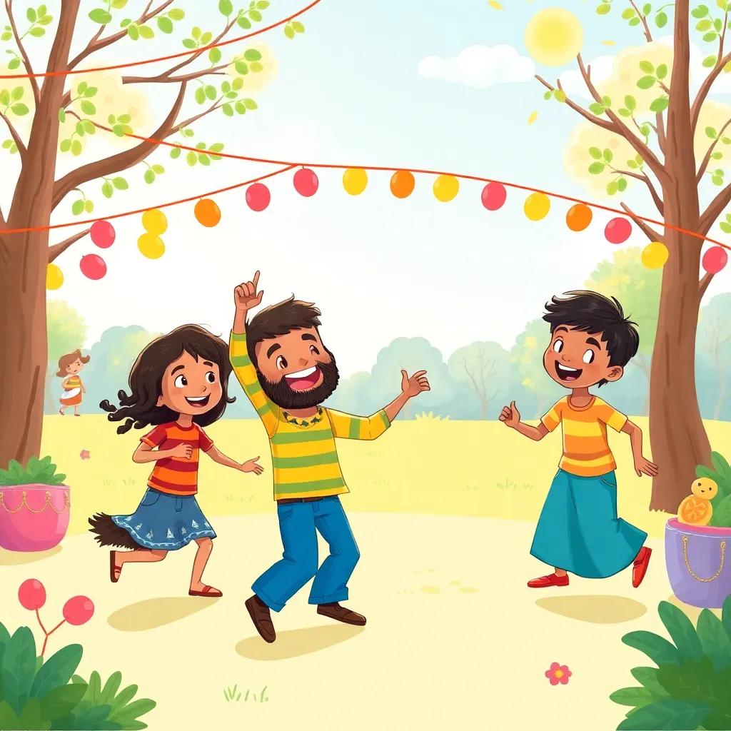 Sami and his friends dancing and having fun at the park party, celebrating kindness and friendship under the sun, digital art, colorful and lively, high quality