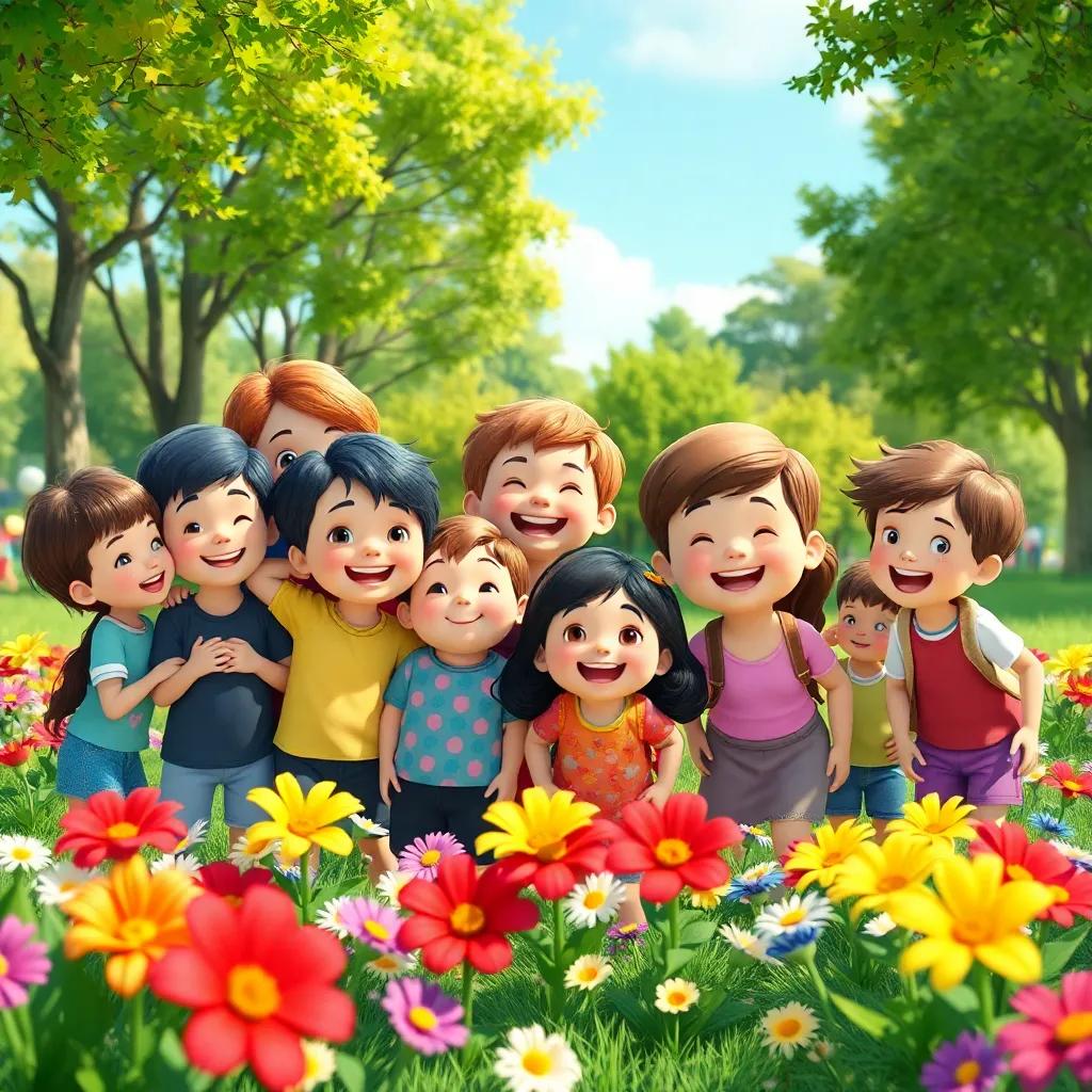 A group of joyful children gathered in a sunny park, with colorful flowers around them and vibrant greenery, digital art, cheerful atmosphere, bright colors, high quality