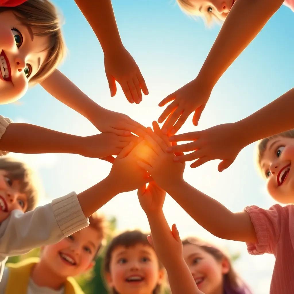 A close-up of children's hands holding each other in a circle, with smiles on their faces, the sun shining behind them, warm light, engaging scene, child-friendly, high quality