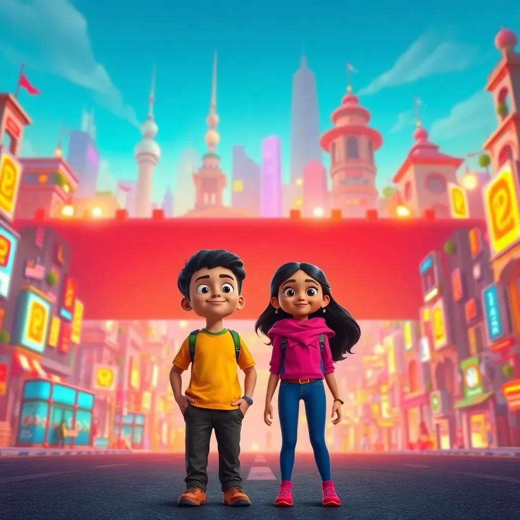 A vibrant city filled with obstacles, two friends, Adam and Aisha, standing in front of a large barrier, looking determined and hopeful, digital art, colorful, dynamic atmosphere, high perspective, engaging imagery