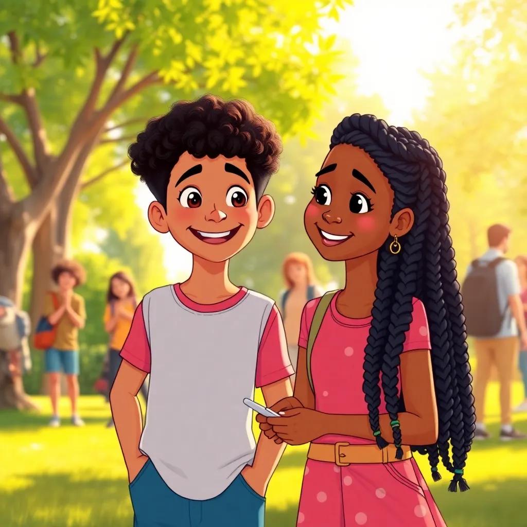 Adam, a young boy with curly hair, and Aisha, a young girl with long braids, discussing their plans in a sunny park with friends around them, smiling and excited, illustration, cheerful, supportive environment, warm light, uplifting colors