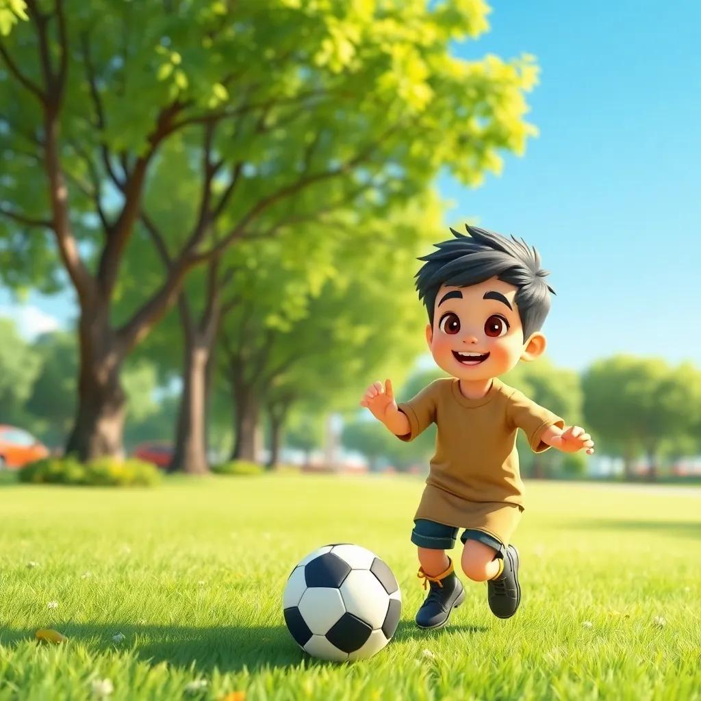 A two-year-old boy named Adam, a cheerful Arab boy, playing football in a green park under a bright blue sky, joyful atmosphere, colorful, high resolution