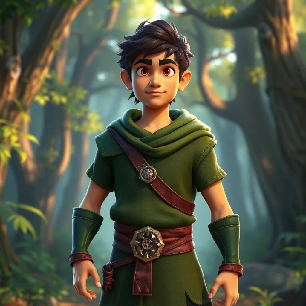A brave warrior named Adham wearing a green outfit, standing in a lush green forest, determined expression, digital art, vibrant colors, adventurous mood, high quality