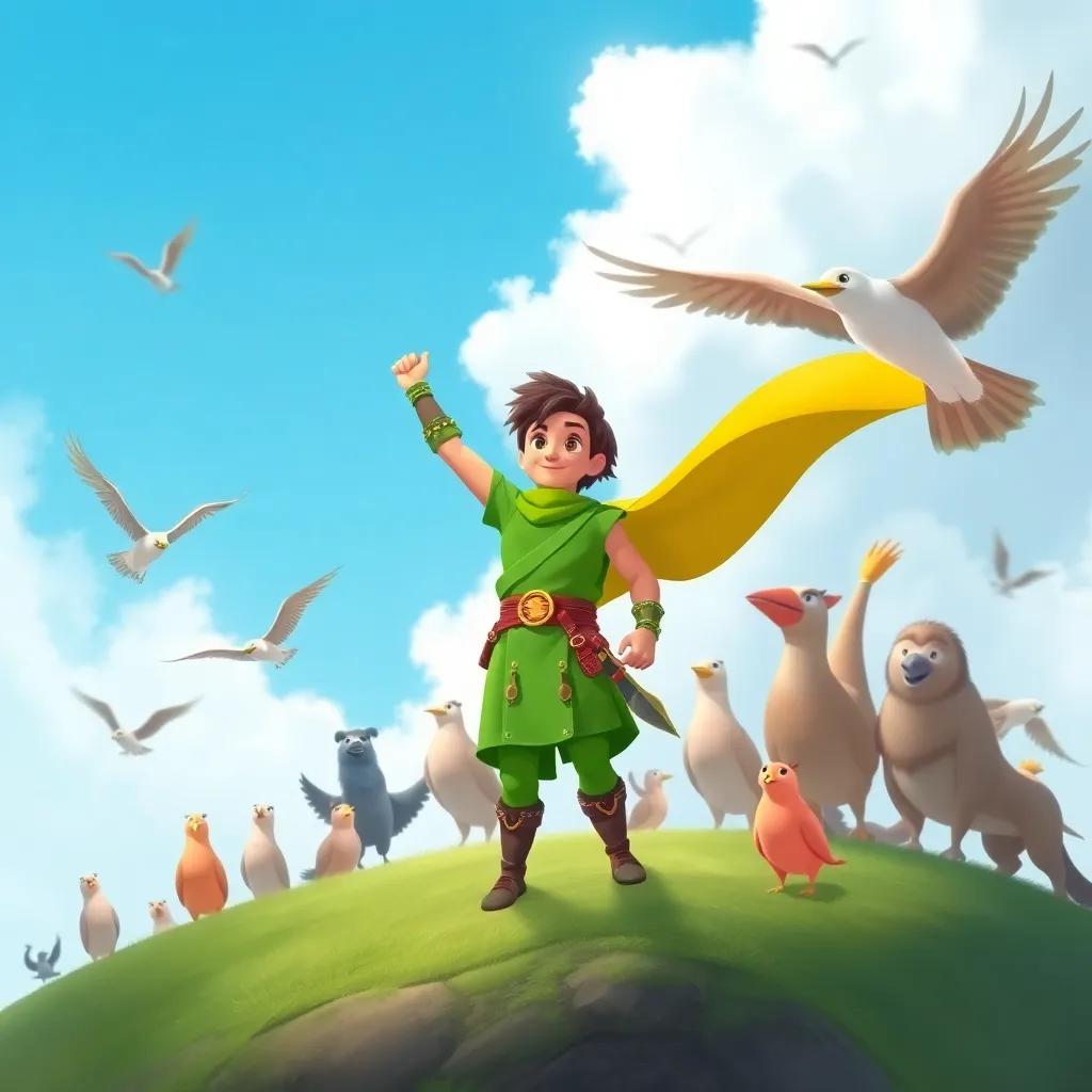 Adham, a brave warrior in a green outfit, standing on a high hill with a blue sky above, birds and animals rallying around him, feeling of courage and unity, illustration, cheerful, uplifting light, child-friendly