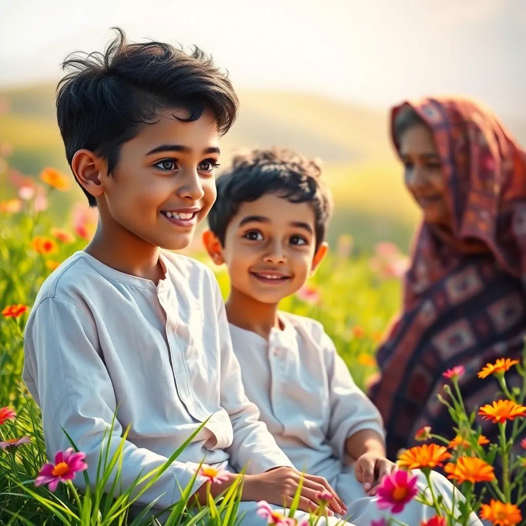 A young Arab boy, Sami, with short black hair wearing a simple white shirt, sitting on a green grassy hill with his grandmother, surrounded by vibrant flowers, warm sunlight, storytelling moment, cheerful atmosphere, digital art, high quality