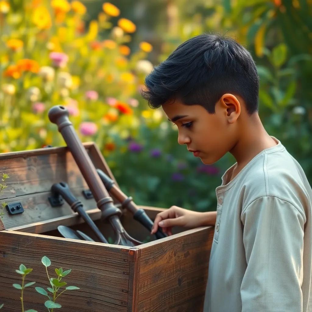 A young Arab boy, Sami, with short black hair wearing a simple white shirt, examining an old wooden box filled with gardening tools like a plow and a hoe in a lush garden, bright colors, vibrant vegetation, enchanting atmosphere, digital painting, realistic view