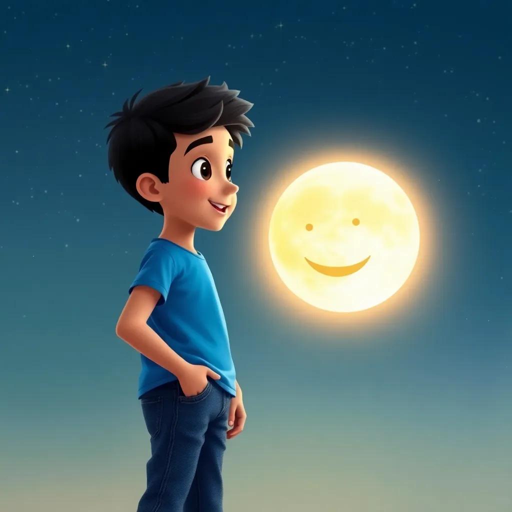 A young Arab boy, Ahmed, with short black hair, wearing a blue t-shirt and jeans, standing under a starry sky, talking to a bright full moon that looks like it's smiling, digital art, vibrant colors, serene and magical atmosphere, child-friendly