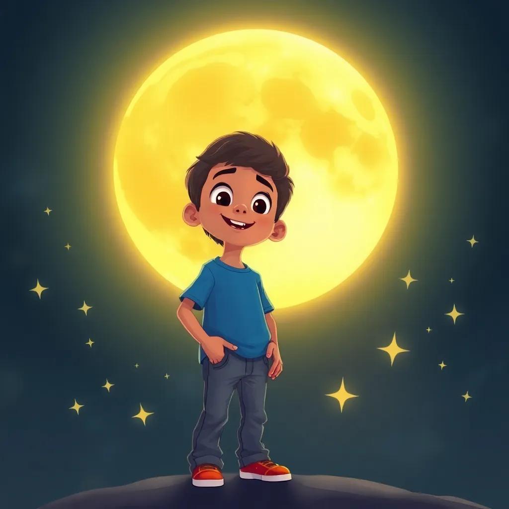 The full moon, glowing in shades of gold and silver, casting a warm light on Ahmed, a young Arab boy in a blue t-shirt and jeans, looking amazed and curious, surrounded by twinkling stars, illustration, cheerful, whimsical scene
