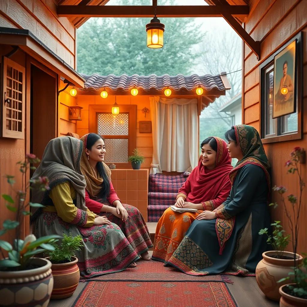 Four sisters in a cozy small house in a quiet neighborhood, discussing their dreams, cultural attire, warm colors, cheerful atmosphere, digital art, vivid details, friendly expression