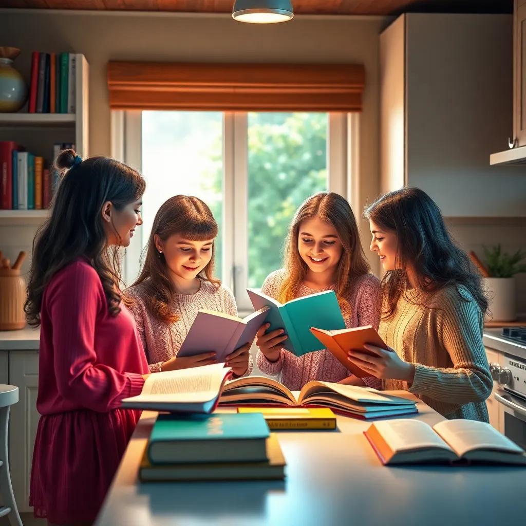 Four sisters in their cozy kitchen planning their future together, with books and notebooks, bright lighting, vibrant colors, digital art, lively scene, heartwarming mood