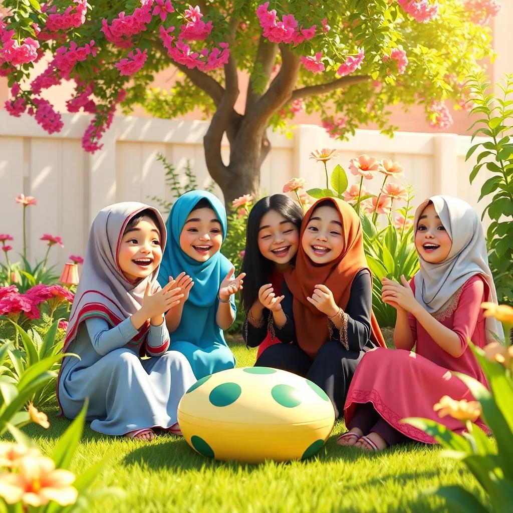A sunny garden with four young Arab girls laughing, playing games, and enjoying each other's company, vibrant colors, cheerful atmosphere, high quality