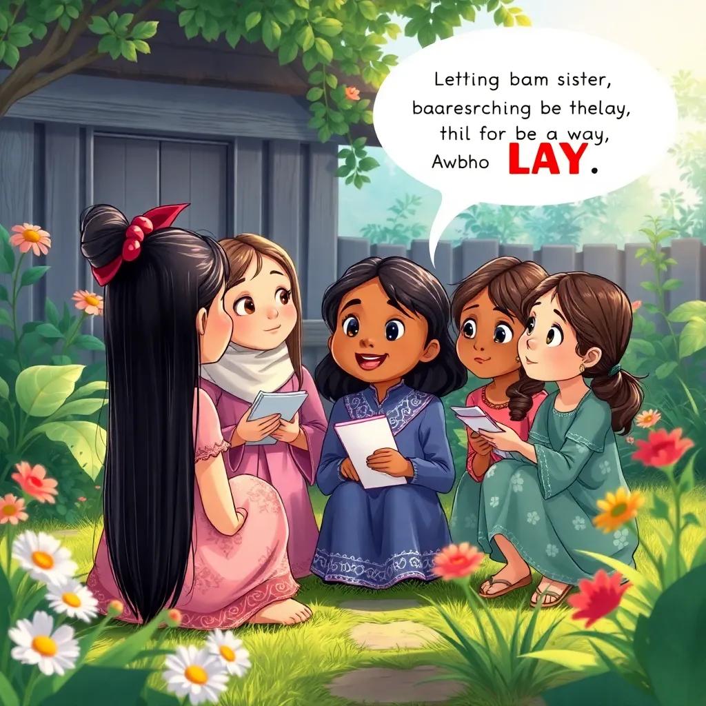Four sisters brainstorming ideas for a play in the garden, with a focus on Ayah enthusiastically sharing her thoughts, detailed illustration, engaging scene, child-friendly