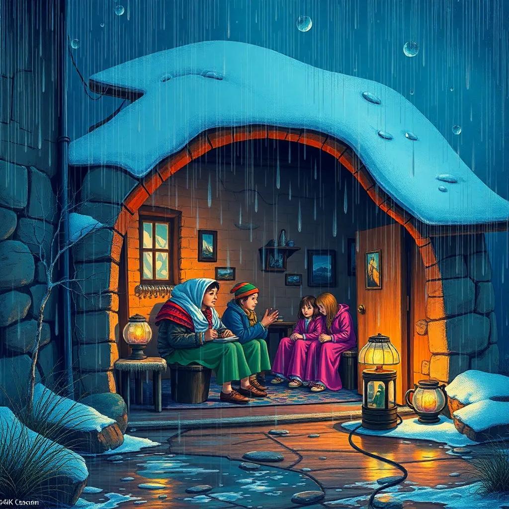 A rainy winter day with a family in an old clay house, the walls cracked and letting in cold air, water flowing outside, warm and cozy atmosphere, digital art, colorful, detailed, inviting