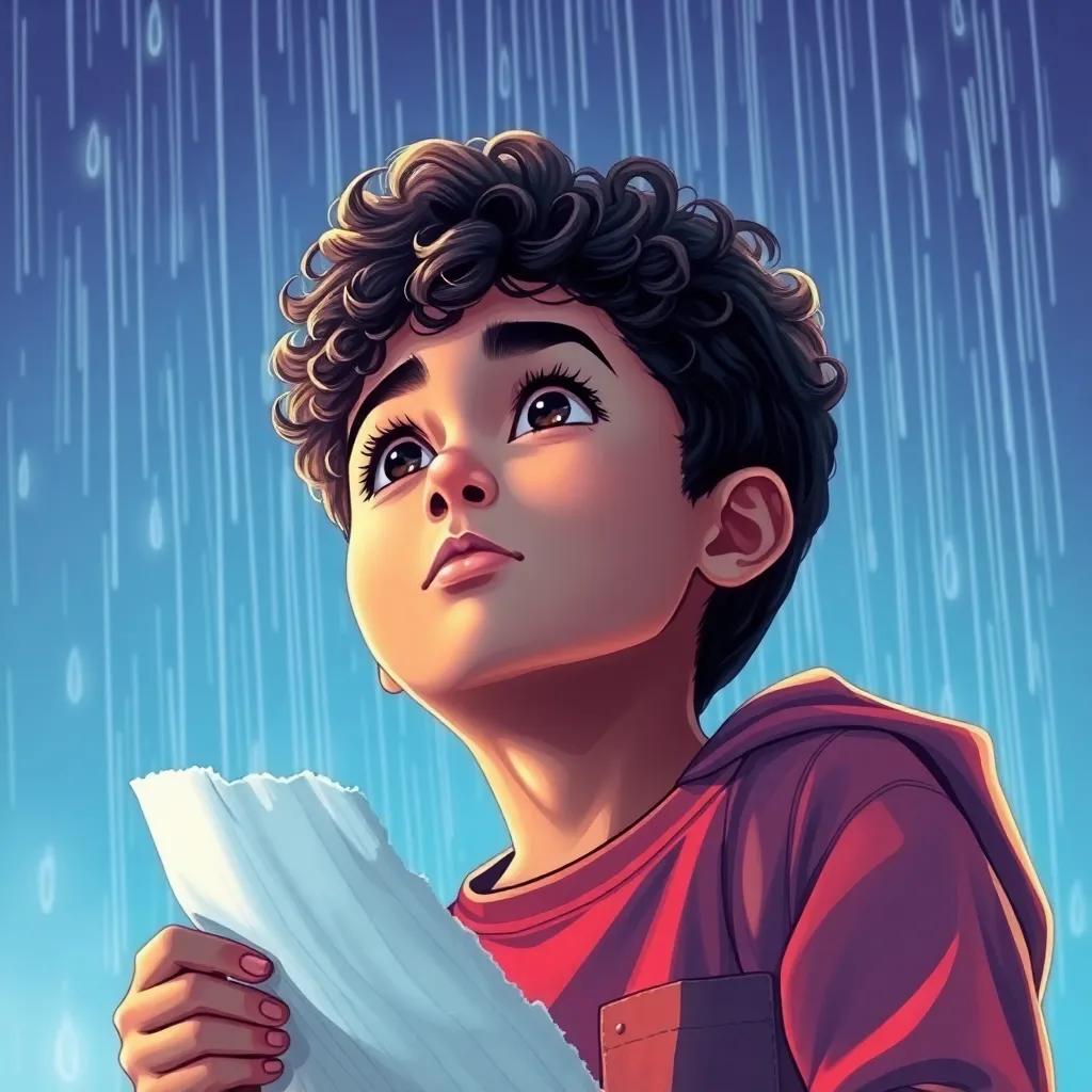 A young boy, Muhammad, with short curly hair, holding a pencil and tattered paper, counting raindrops while looking up at the sky, focusing expression, bright colors, cheerful vibe, illustrating hope