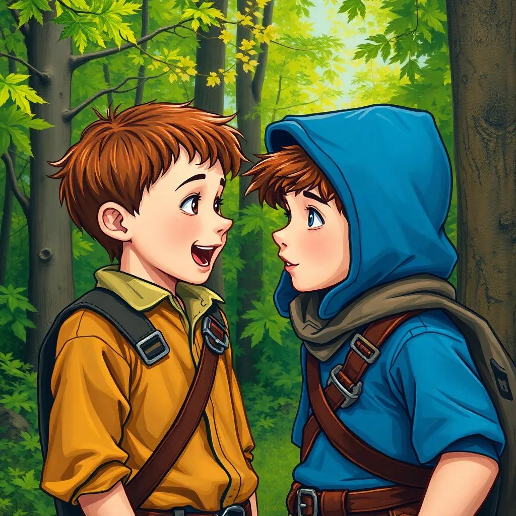 A young boy, Arthur, with short brown hair and wearing comfortable adventure clothes, excitedly speaking to a brave boy, Sami, in a lush green forest, vibrant colors, cheerful atmosphere, high quality