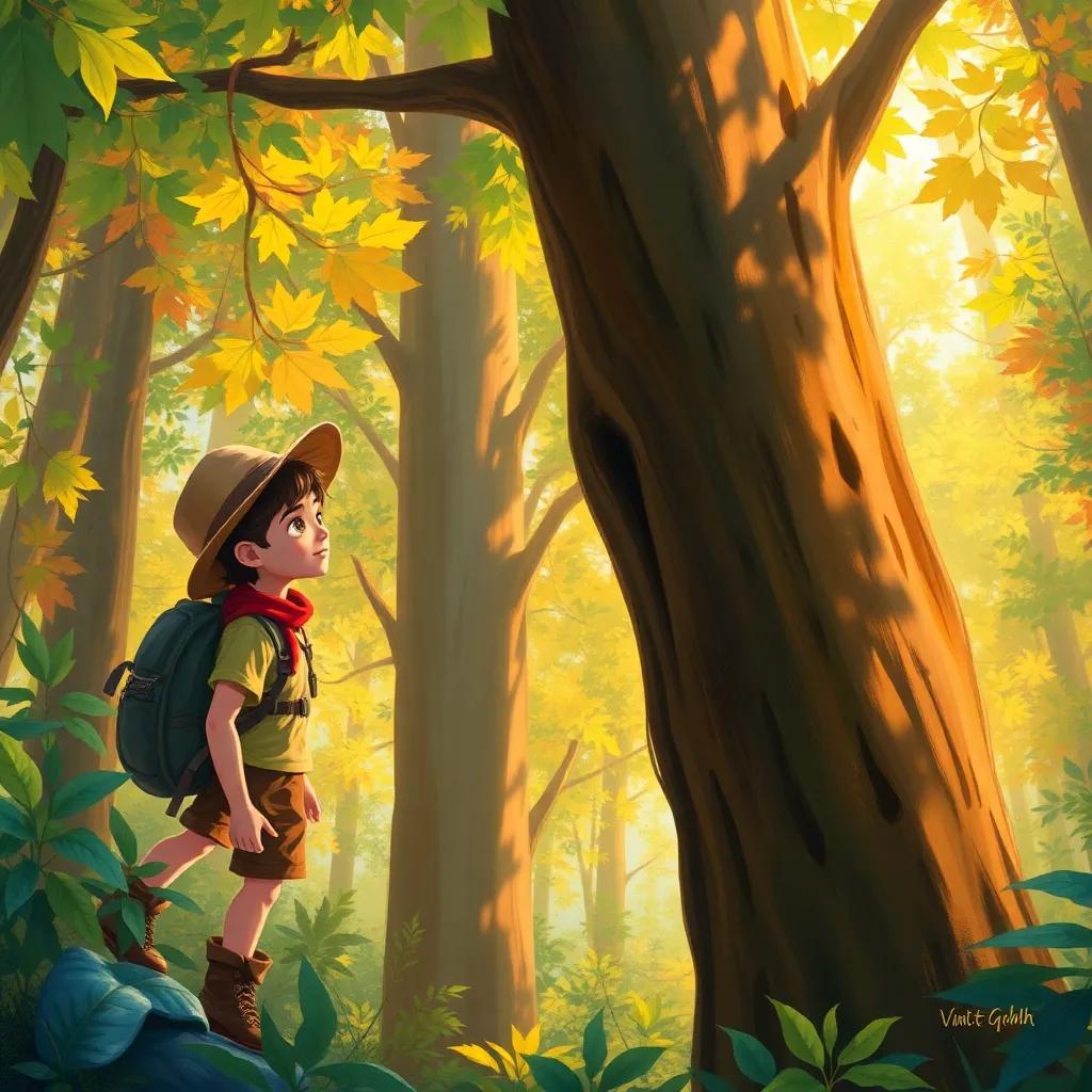 Arthur, a young boy in adventure clothes, training Sami, a brave boy, to climb a tall tree in a colorful forest, full of green leaves and bright sunlight, illustration, dynamic, warm light, engaging scene