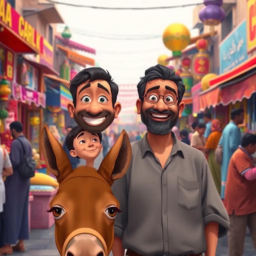 A bustling Baghdad market filled with colorful stalls, with Jaha, a middle-aged man, with a cheerful expression and his son, a young boy, both looking excited, and a donkey, digital art, vibrant colors, lively atmosphere, high quality