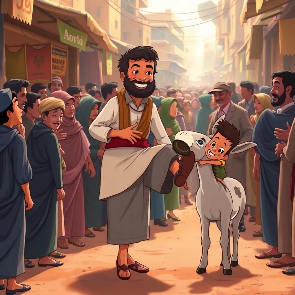 A crowd gathering around Jaha in the Baghdad market, with Jaha humorously balancing on one foot while his son laughs, the donkey standing beside them, illustration, cheerful and engaging scene, child-friendly, warm light