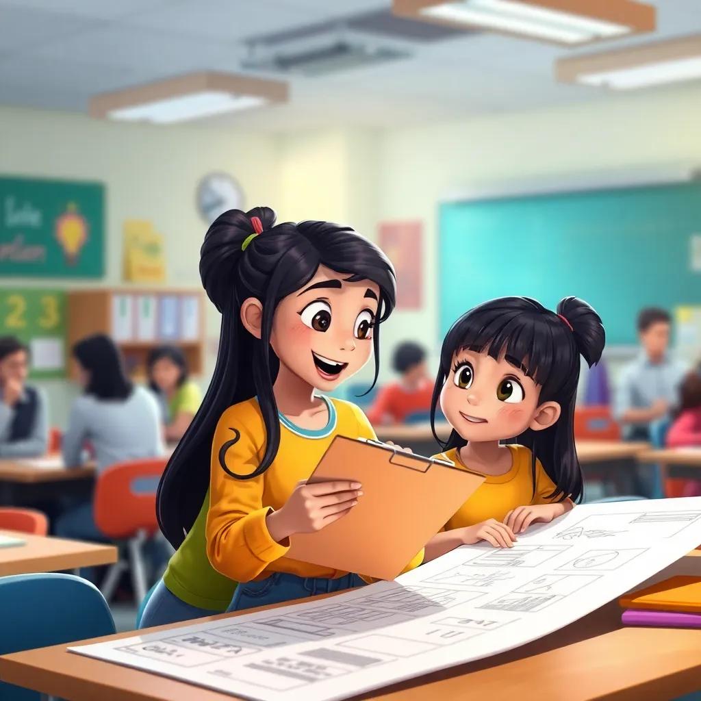 Layla, organizing tasks energetically, holding a clipboard in a busy classroom with SARA, a determined girl with straight black hair, brainstorming creative ideas on a large paper, vibrant colors, collaborative spirit, energetic light, high quality