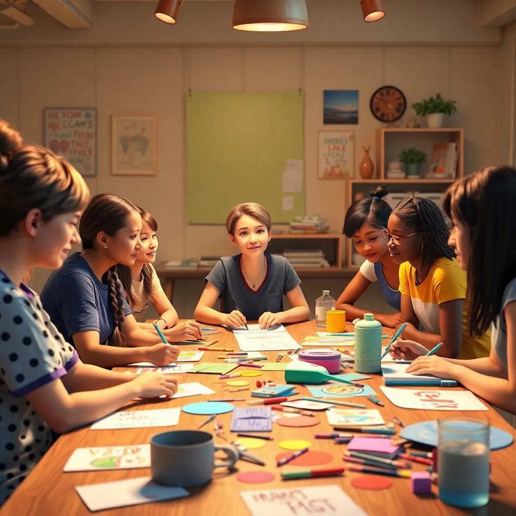 The team gathered around a large table filled with craft supplies, HIND, kind-hearted with braided hair, encouraging her friends while they work on their presentation, colorful papers and artsy decorations on the table, supportive atmosphere, warm light, teamwork focus, high quality