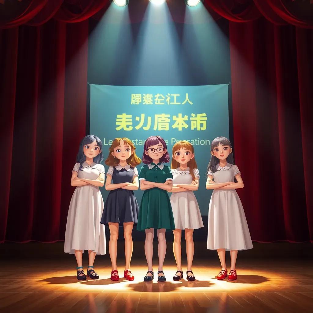 On the day of the presentation, the girls standing confidently on stage, wearing formal dresses with the banner of their project in the background, brimming with excitement and pride, spotlight shining on them, vibrant stage colors, uplifting energy, high quality