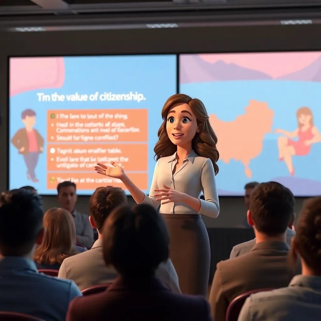 SARA, presenting passionately, with visuals behind her explaining the values of citizenship, active audience watching attentively, professional and polished atmosphere, engaged focus, high quality