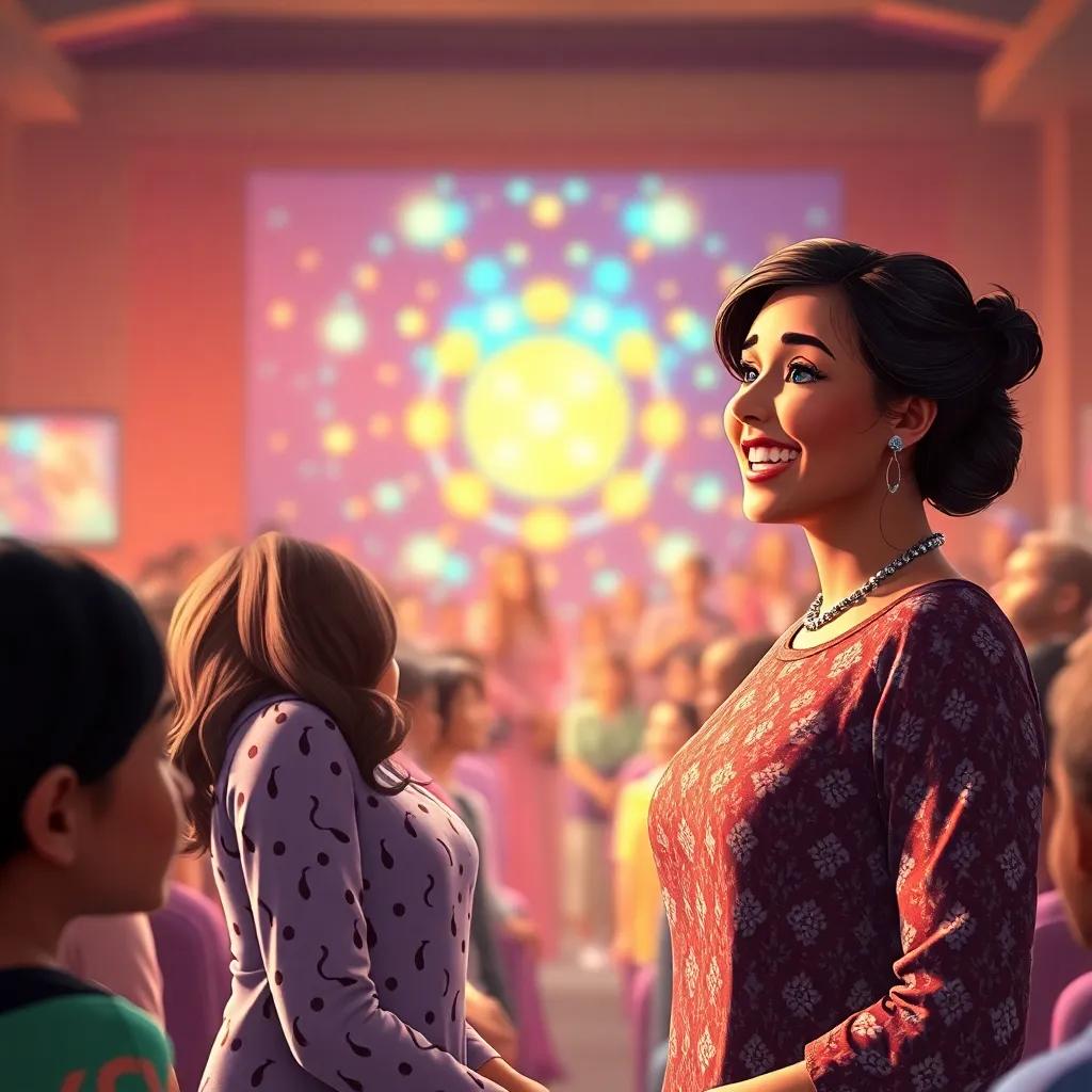 HIND, passionately speaking about teamwork and cooperation, her smile radiating warmth, audience filled with young girls, mesmerizing visuals in background, community spirit, inspiring light, high quality