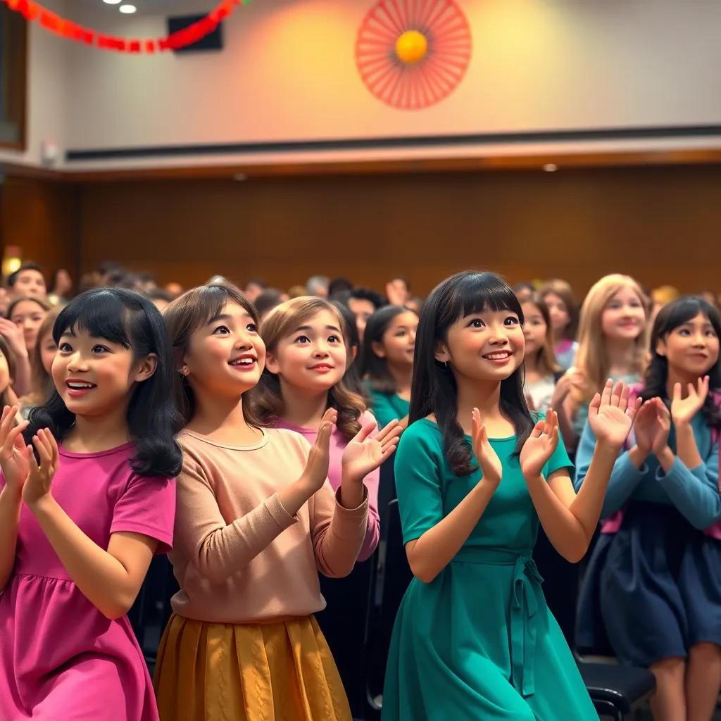 The audience applauding enthusiastically as the girls finish their presentation, proud expressions on their faces, school auditorium filled with colorful decorations reflecting unity, postive energy, celebratory light, high quality