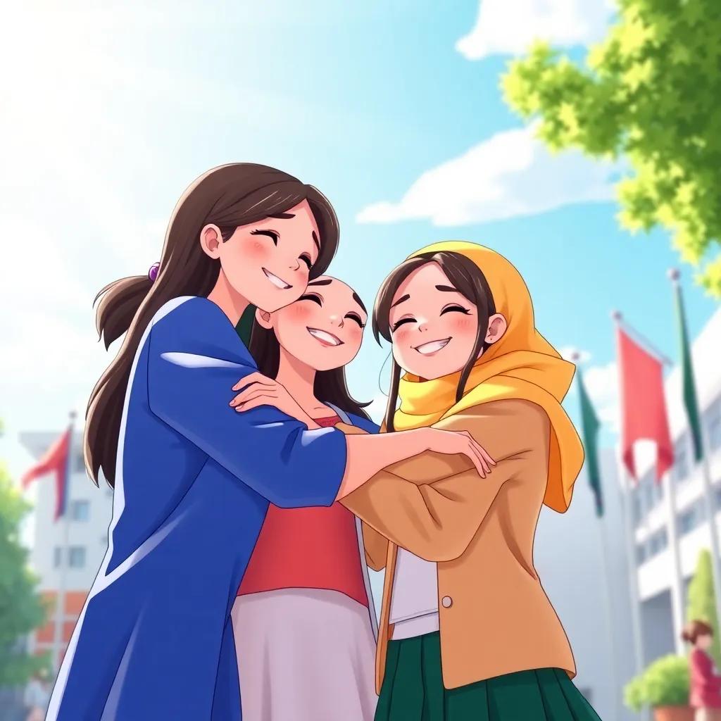 The girls embracing with happy faces, promising each other to continue striving for their goals, in front of a school backdrop with flags, bright sun shining, hopeful future vibes, vibrant colors, emotional connection, high quality