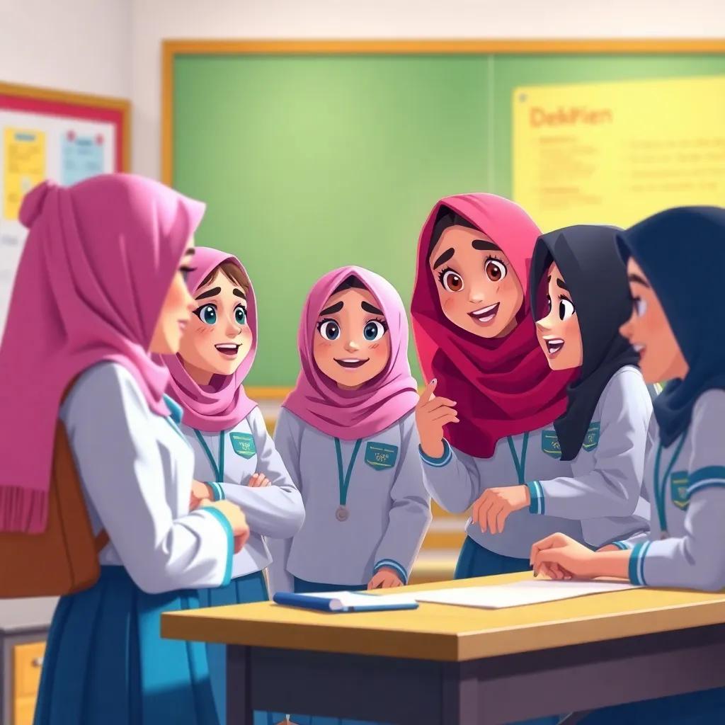 A group of Bahraini schoolgirls gathered in a classroom, excitedly discussing their project. They look determined and creative, wearing school uniforms, vibrant mood, digital illustration, bright colors, engaging atmosphere, high quality