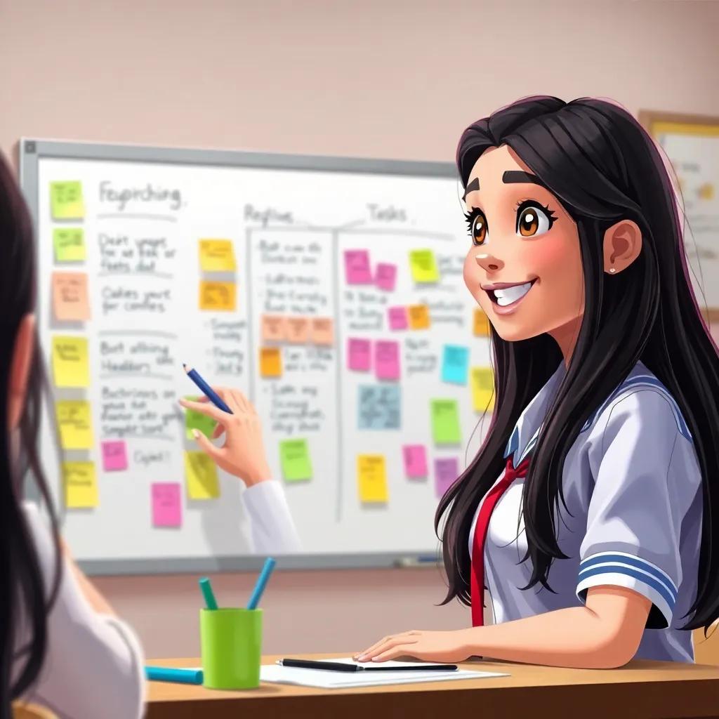 Leila, a hardworking Bahraini girl, leading a brainstorming session, organizing tasks on a whiteboard filled with colorful notes. She has long dark hair, wearing her school uniform, enthusiastic expression, digital art, lively colors, focused ambiance, high quality