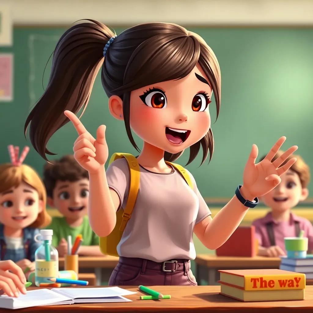 Sara, a competitive girl with an innovative mind, presenting her creative ideas to her classmates. She has medium-length hair, energetic stance, excited expression, school materials around her, digital painting, cheerful colors, motivational atmosphere, high quality
