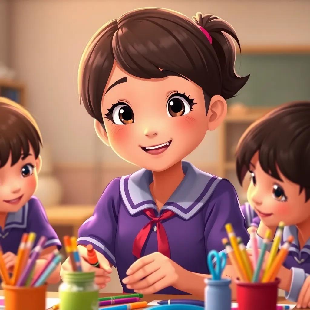 Hind, a generous girl helping her classmates with teamwork, wearing a school uniform, with a supporting smile, busy arranging art supplies. Close-up, warm lighting, collaborative spirit, digital illustration, soft colors, inviting scene, high quality