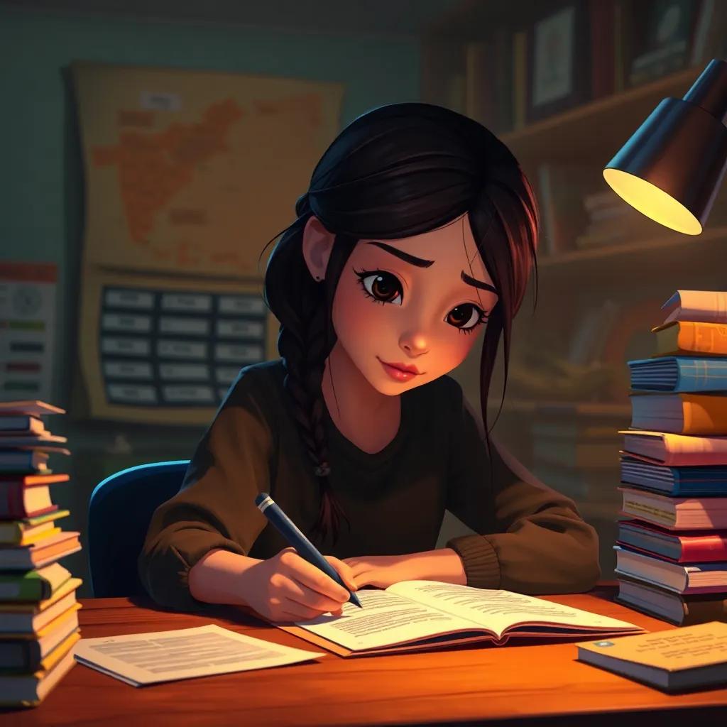 Reem, a determined girl working late at night at her desk, focused on the project with piles of books and papers around her. She has long hair tied back, expressing deep concentration, warm light, cozy study environment, digital art, clear details, inspiring scenes, high quality