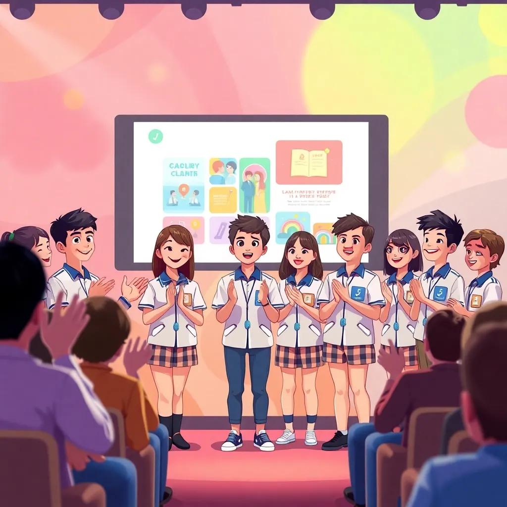 The student team presenting their project with enthusiasm on stage, showcasing beautiful designs and visuals on a screen, all wearing matching uniforms and beaming with pride. Audience clapping, colorful background, festive atmosphere, digital illustration, high quality