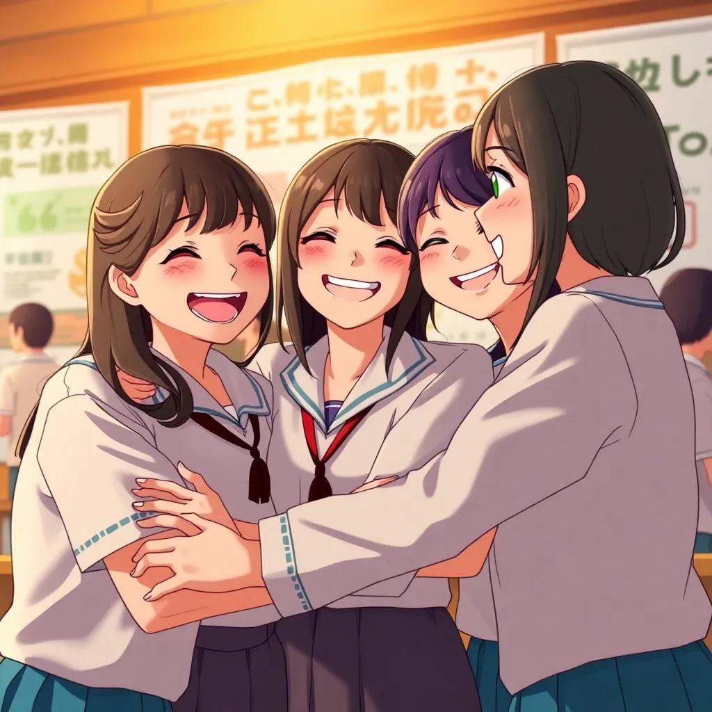 A close-up of the girls celebrating their successful presentation, smiling and hugging each other, filled with joy and pride. They are in their school uniforms with banners of their project around them, warm colors, heartwarming atmosphere, digital art, high quality