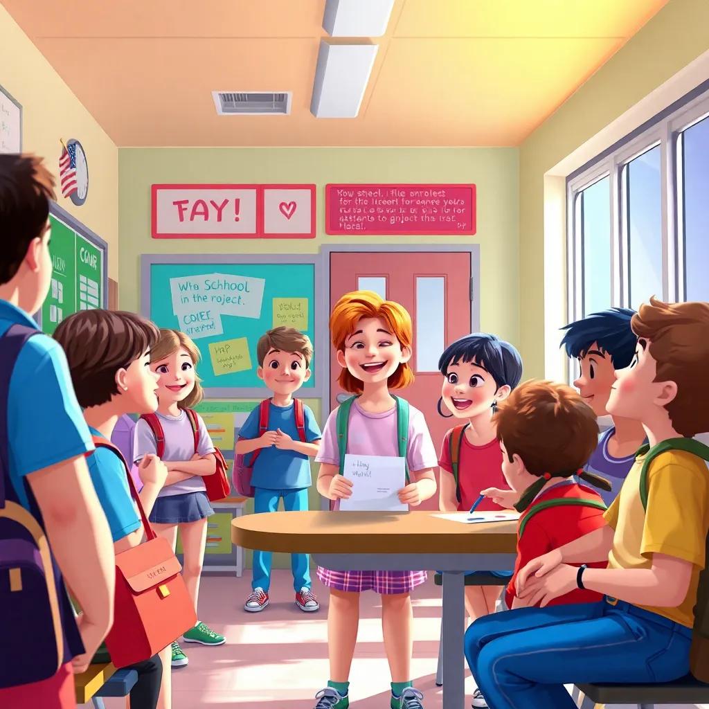 A vibrant scene of the school environment where other students are inspired by the project, discussing and expressing their support. Fuzy elements of joy, school colors, lively interaction, digital painting, bright and engaging atmosphere, high quality