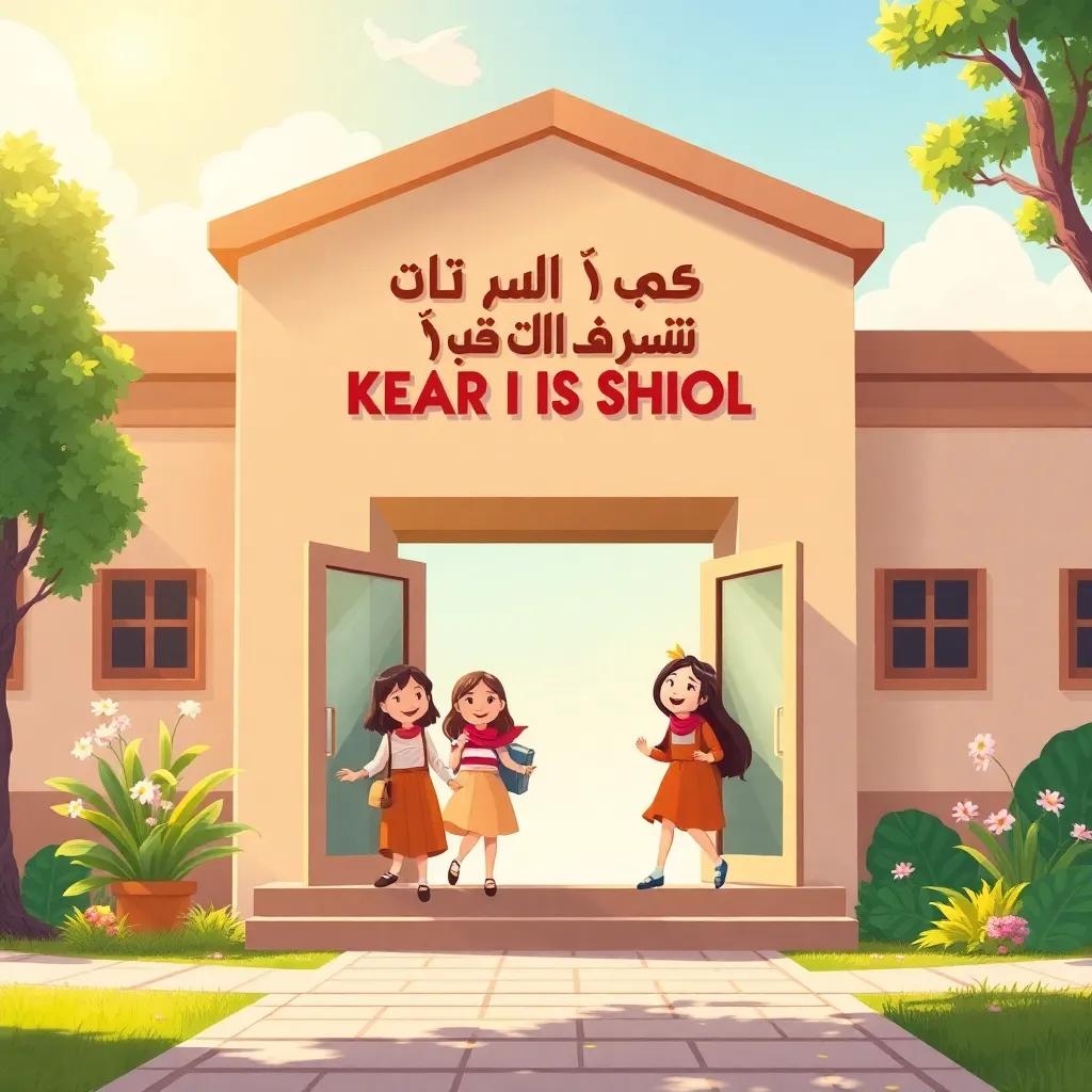 An illustration of the school building, 'العهد الزاهر الثانوية للبنات', with girls happily coming in and out, symbolizing unity and hope. Beautiful surroundings, sunny day, welcoming environment, digital art, bright colors, child-friendly style, high quality