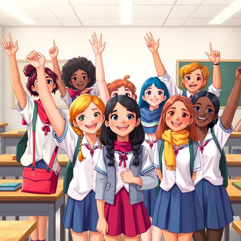 Girl students from diverse backgrounds in classroom celebrating their achievements, showcasing a sense of community and shared success, wearing different school uniforms, diverse skin tones, vibrant colors, children’s fantasy art style, high quality