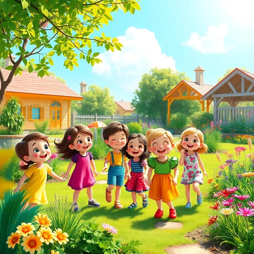 A colorful garden with children playing, each wearing different colorful outfits, laughing together, vibrant scenery, joyful atmosphere in a bright sunlight.