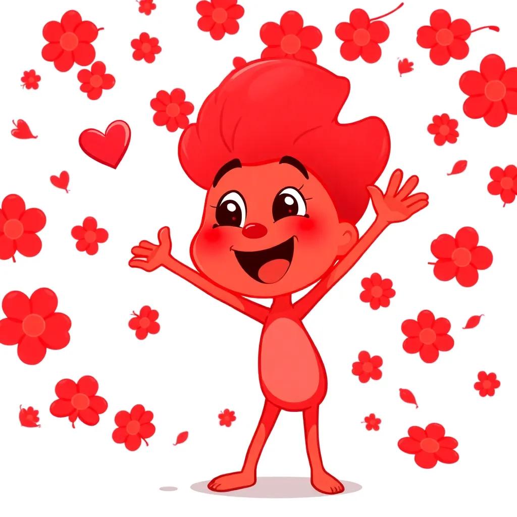 A lively red color character, energetic and enthusiastic, calling children to express love, surrounded by swirling red flowers, cheerful vibe, cartoon style.