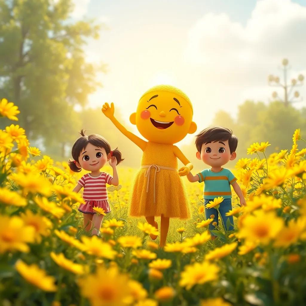 A bright yellow color character, radiant and cheerful, guiding children in a sunny flower field, surrounded by bright yellow flowers, warm joy expressed, happy tones.