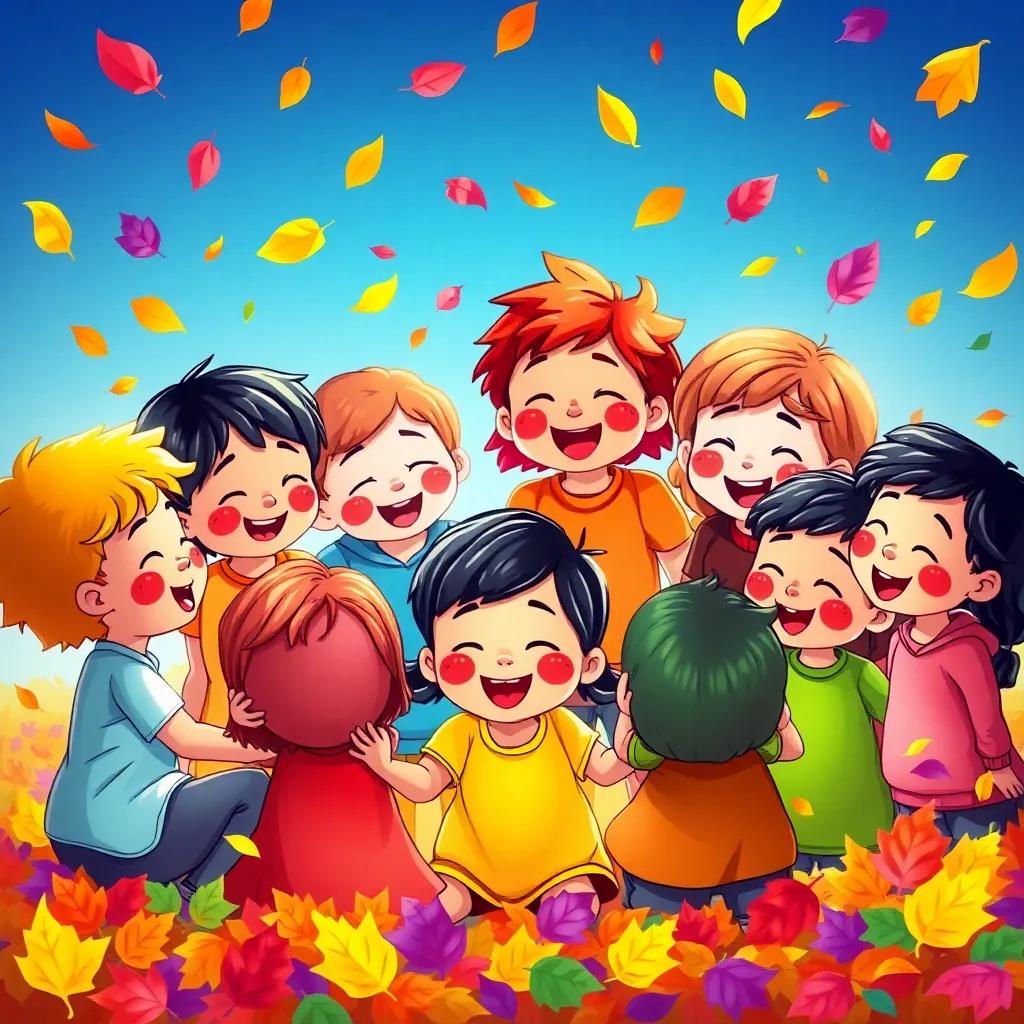 All the children gathered in a circle, singing with the colors, vibrant expressions on their faces, colorful leaves falling around, cheerful and magical scene.