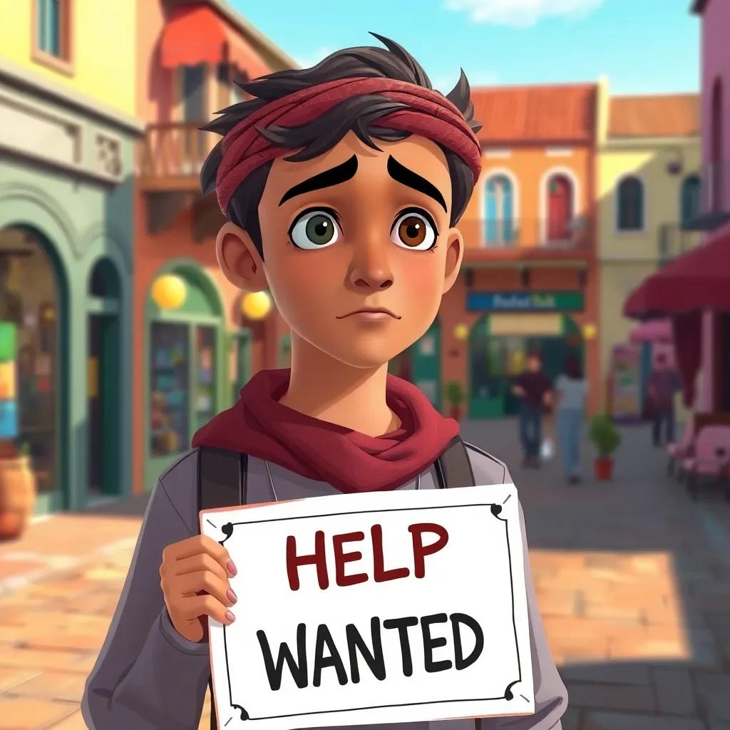 A young Arab man, Adel, in his twenties, looking sad and holding a 'Help Wanted' sign in a quaint town square, colorful shops in the background, illustration, warm colors, hopeful atmosphere, high quality