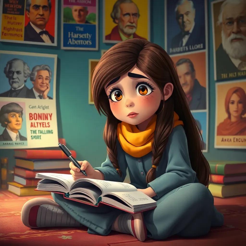 A young Arab girl, Maryam, with long hair, sitting on the floor with books and a pen, looking disappointed, surrounded by colorful posters of famous authors, digital art, vibrant colors, dreamy atmosphere, high quality