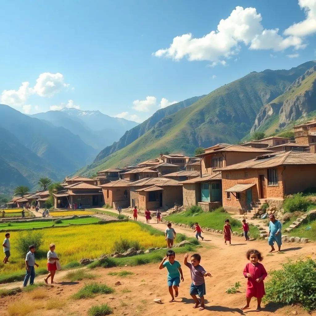 A small village nestled between mountains, people working in the fields, traditional clay houses, happy children playing, sunny day, cheerful atmosphere, vibrant colors, digital art