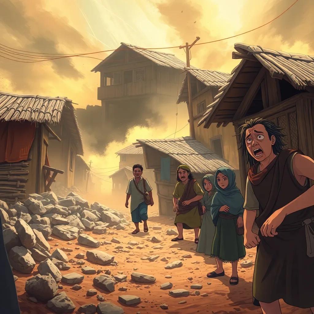 Shaky ground beneath villagers' feet, fear in their faces, buildings swaying, dust rising, a worried atmosphere, emotional expressions, illustration, dramatic light, high quality