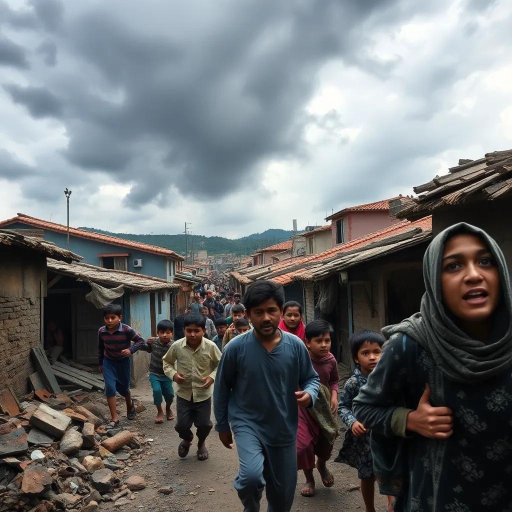Villagers fleeing their homes, panic in their eyes, rubble on the streets, gray sky looming above, strong emotions, children's cries, vivid imagery, engaging scene